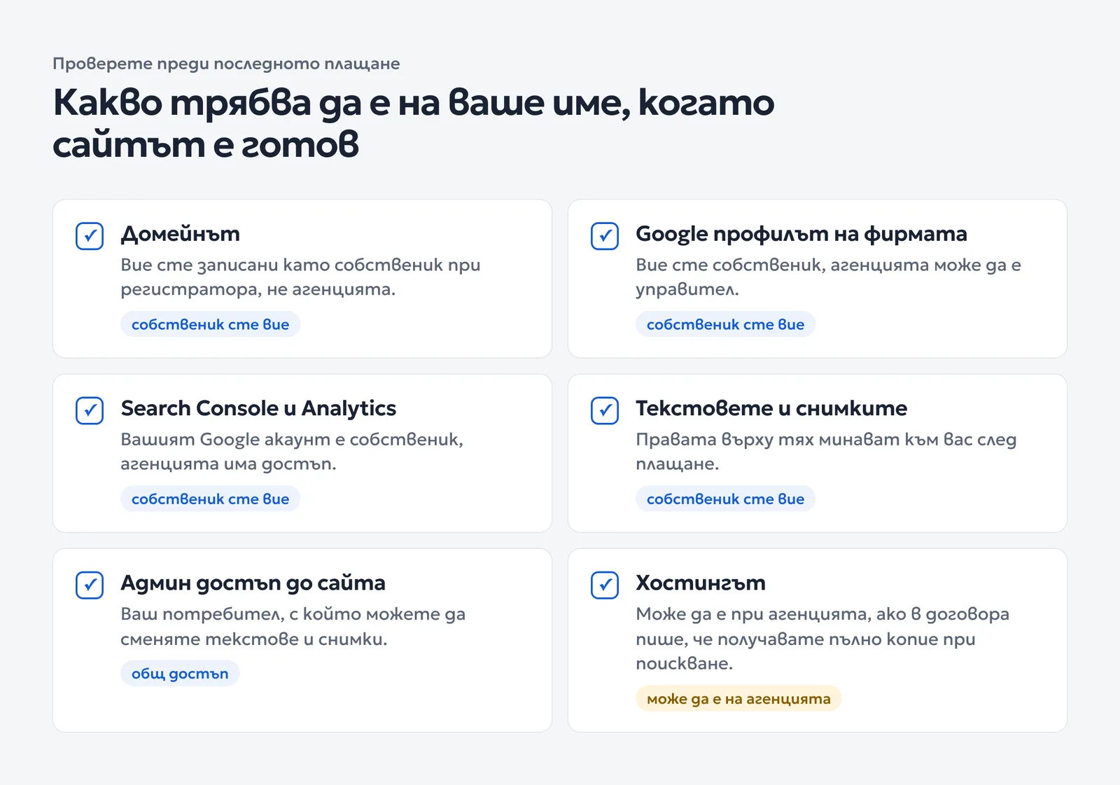 Шест неща, които трябва да са на ваше име, когато сайтът е готов: домейн, Google профил, Search Console, текстове, админ достъп и хостинг