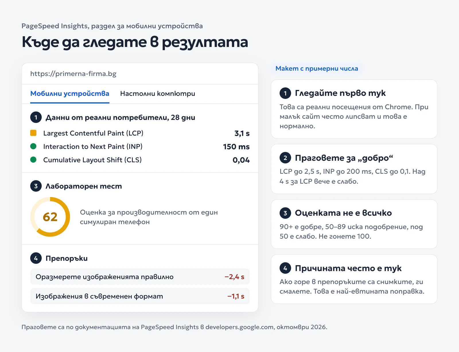 Макет на резултат от PageSpeed Insights с отбелязани данни от реални потребители, LCP, INP, CLS и лабораторна оценка