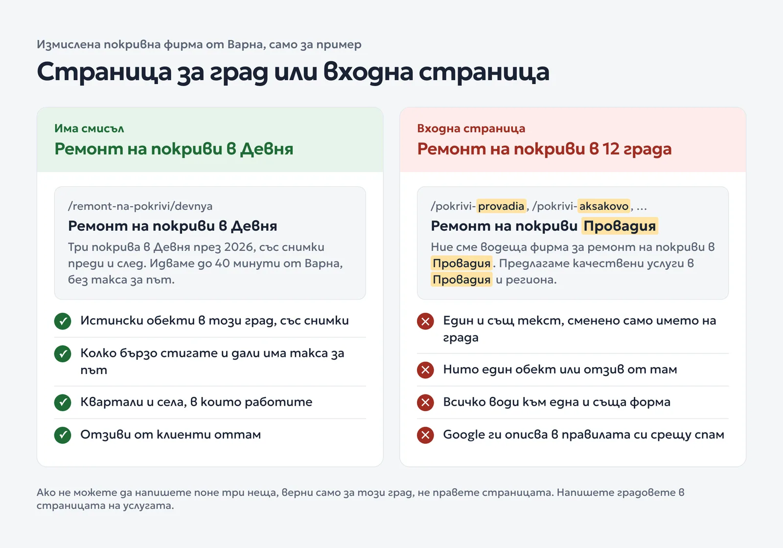 Сравнение на добра страница за град и входна страница: истински обекти, местни подробности и отзиви срещу еднакъв текст със сменено име